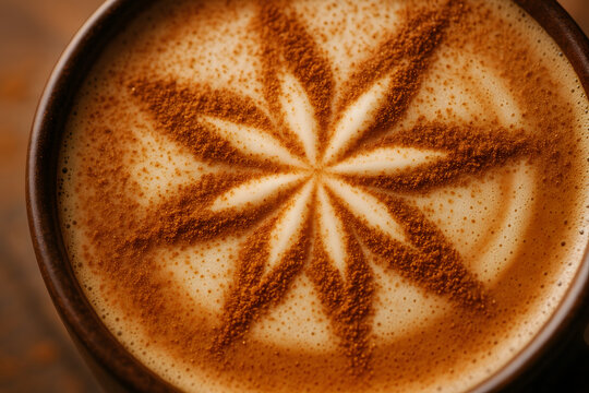 Main versant cannelle sur cappuccino latte art en &eacute;toile