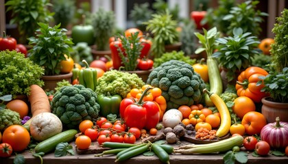 A vegetable variety show featuring a colorful array of produce displayed in creative and artistic arrangements, showcasing the diversity and beauty of nature's bounty.