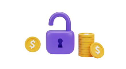 Open purple padlock with stacks of gold coins and dollar coins security unlock isolated on a transparent background