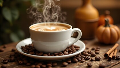 Fototapeta premium A cup of coffee is a warm, comforting beverage made from freshly brewed coffee beans and either milk or cream. The aroma of coffee fills the air, creating a cozy and inviting atmosphere