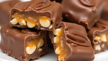 A delectable combination of smooth milk chocolate, crunchy nuts, and sweet caramel, creating a decadent treat that is sure to satisfy any sweet tooth craving.