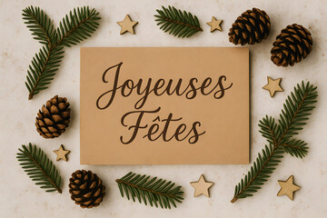 Carte en carton avec calligraphie "Joyeuses F&ecirc;tes"