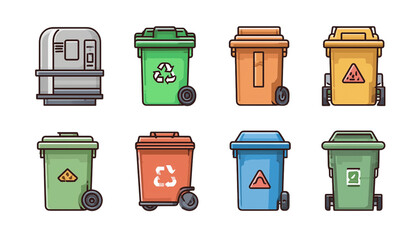 Waste management cycle icon set with trash bins Isolated on a transparent background
