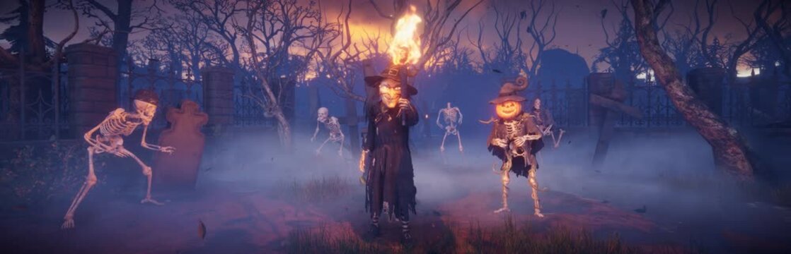 Spooky Witch with Torch and Skeletons in Haunted Graveyard &ndash; Halloween 3D Animation