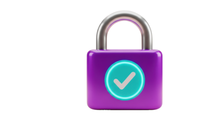 Purple Padlock with Glowing Teal Checkmark Circle security safety isolated on a transparent background