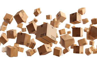 A chaotic jumble of cardboard boxes.  Many boxes of various sizes are clustered together,  in mid-air, against a black background