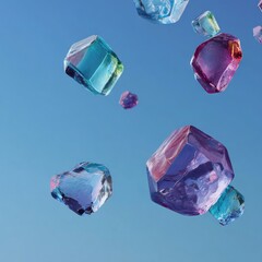 Colorful translucent cubes suspended in mid-air against a clear cerulean sky.  Many faceted cubes in shades of turquoise, purple, pink, and  blue,  seem to float or fall gently in a playful.