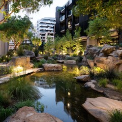 Naklejka premium Urban oasis courtyard, evening light. Tranquil pond reflects buildings
