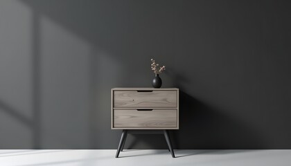 The 3D rendered minimal room features a sleek gray wooden bedside table with clean lines and a modern design, contrasting beautifully against the dark gray wall behind it.