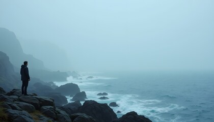 The man stood on the rocky shore, gazing out at the mist covered sea stretching endlessly into the unknown, its waves crashing faintly against the unseen horizon.