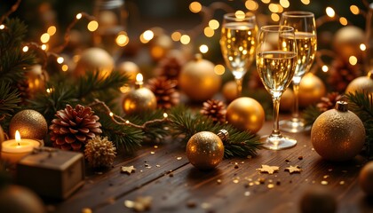 The festive Christmas scene is adorned with shimmering golden ornaments, pinecones, and delicate wine glasses reflecting the warm sparkling lights, creating an ambiance of elegance and celebration.