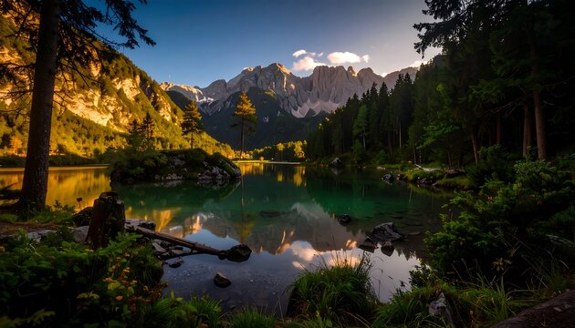 A tranquil alpine lake nestled among towering peaks, showcasing serene reflections and vibrant greenery at dawn.