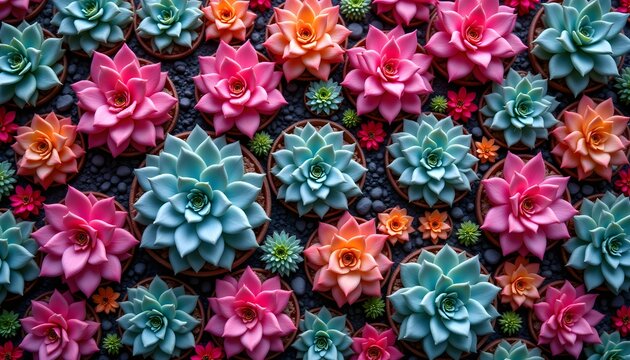 The background showcases a mesmerizing display of succulent plants in various vibrant hues, offering a rich texture with their thick, fleshy leaves that form a visually stunning composition.