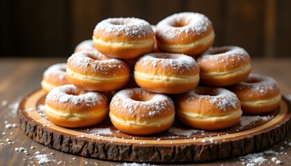 Golden donuts with powdered sugar stacked neatly on a rustic wooden board, creating a tempting display of sweet and indulgent treats.