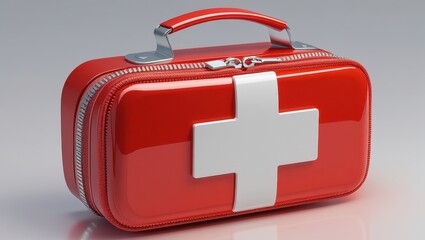 Obraz premium A glossy, red first-aid kit, featuring a prominent white cross, is presented against a neutral backdrop.