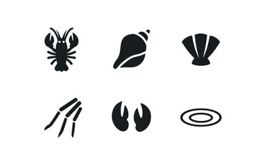 flat black solid icon items isolated on white background: lobster body hard tail fan jointed legs claw tips water ripple