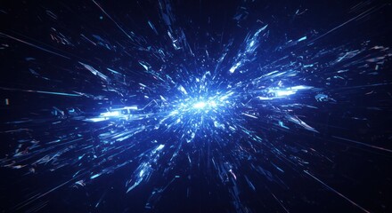 A vibrant, radiant burst of crystalline fragments explodes outward against a dark backdrop.