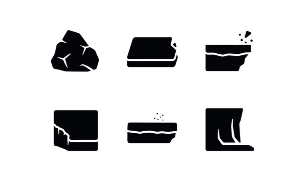 flat black solid icon items isolated on white background: limestone rock pale slab chipped flat side dusty edge cliff base