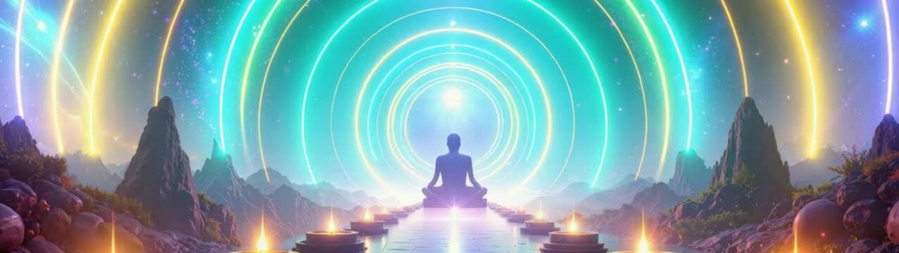 Silhouette of person meditating at the entrance of colorful portal in a surreal landscape with mountains, candles and stars.