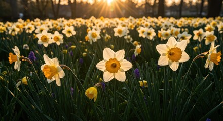 Obraz premium A field of daffodils bathed in the golden light of sunrise, showcasing a vibrant display of springtime blossoms.