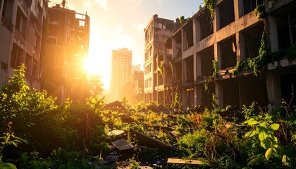 Overgrown City Ruins at Sunset with Emerging Vegetation