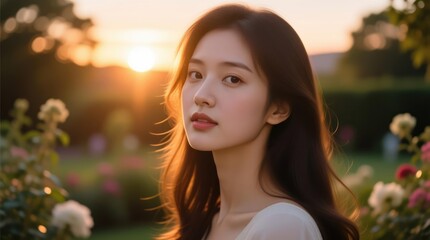 Obraz premium A young woman, radiant, gazes forward in a garden bathed in golden sunset light