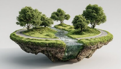 Floating island with trees, road, and stream. Lush greenery and rocky base