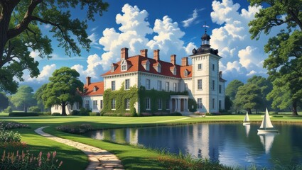Fototapeta premium A sprawling estate with a grand, white mansion, reflecting serenely on a tranquil lake beneath a vibrant sky.