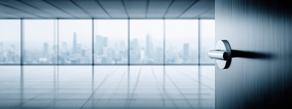 Modern office space with city view, open door