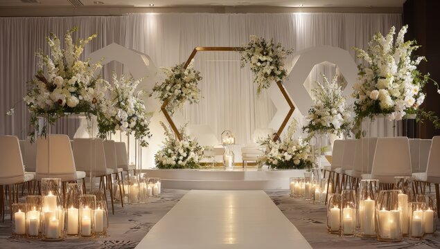 Elegant wedding ceremony setup with white flowers and gold accents