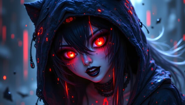 A cyberpunk anime girl with demonic features, adorned in tattered, dark clothing and glowing neon accents, with glowing red eyes and sharp, menacing teeth