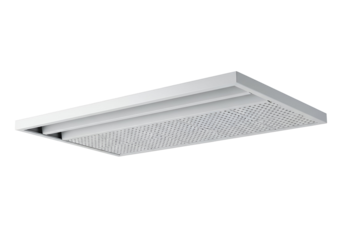 A rectangular, white ceiling panel with a perforated design and a frame is presented against a black background.