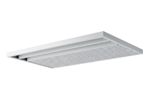 A rectangular, white ceiling panel with a perforated design and a frame is presented against a black background.