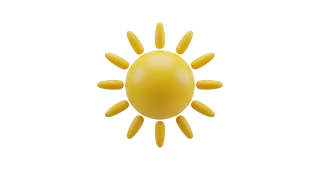 Stylized 3D yellow sun with radiating rays on black bright light isolated on a transparent background