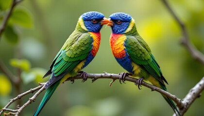 Fototapeta premium The beautiful two bird has vibrant plumage consisting of a mix of blues, greens, and yellows, with intricate patterns adorning its feathers