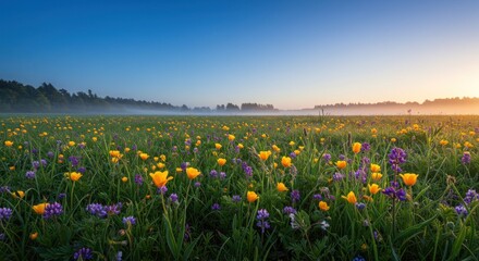 Obraz premium A vast field bursting with wildflowers of vibrant yellow, purple, and other colors, bathed in the soft light of sunrise, stretching towards a misty horizon.