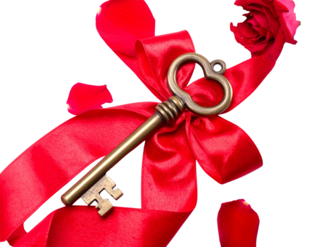 Key with Red Ribbon Surrounded by Roses PNG
