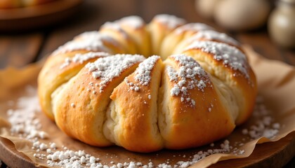 A close up photograph of a freshly baked, golden brown mandazi sprinkled with powdered sugar, with a crispy exterior and a fluffy interior