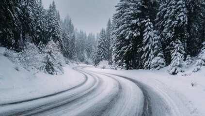 A winding snowy road through a coniferous forest.  The road is covered in a thin layer of ice.  Tall evergreen trees are heavily laden with snow. The light is overcast