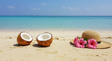 Beach scene two coconut halves sit on sand next to a woven hat adorned with pink flowers, turquoise ocean in background