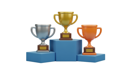 Three 3D rendered trophies gold silver and bronze on podium award achievement isolated on a transparent background