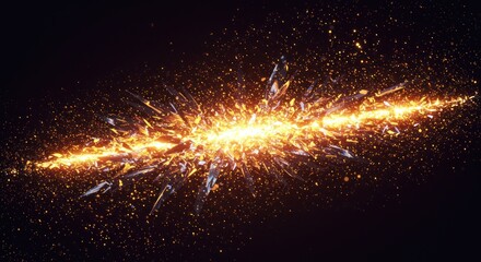 Fototapeta premium A vibrant, dynamic display of shattered glass fragments, illuminated by a brilliant, fiery trail of energy, set against a stark black background.