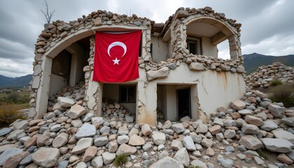 A flag hangs defiantly on a cracked wall amid the rubble of a house destroyed by a powerful earthquake in Turkey, a stark reminder of the devastation caused by natural disasters.