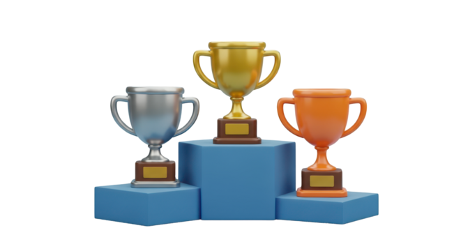 Three 3D rendered trophies gold silver and bronze on podium award achievement isolated on a transparent background - Powered by Adobe