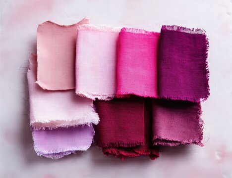Stacked swatches of various shades of pink and red fabric