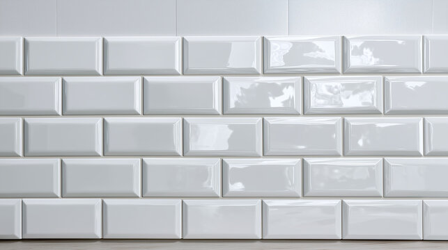 White ceramic tile wall with glossy finish arranged in seamless subway pattern, reflecting light softly and creating clean, modern look for interior design