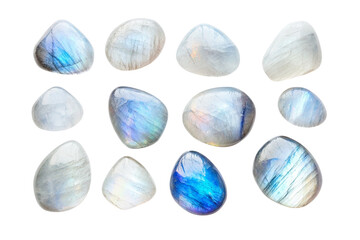 Collection of iridescent moonstone gemstones with unique glowing adularescence