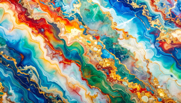 Fluid red, blue, green, and gold marble texture flows with an elegant, abstract style, ideal for branding, posters, and product backgrounds.