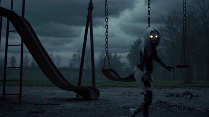 A terrifying ghostly girl with glowing eyes appears at night in an abandoned playground. The empty swing and dark, cloudy sky create a chilling, suspenseful horror atmosphere full of mystery and fear.