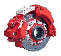 Close-up of a car brake system, red and white